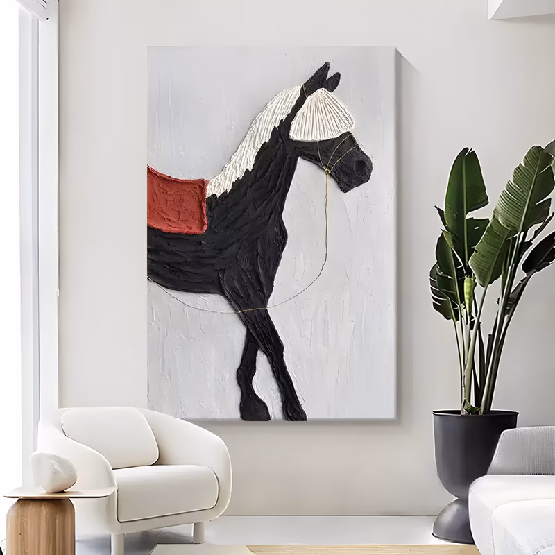 a large vertical relief painting of a black horse in three-quarter view with a thick white mane, a red saddle blanket on its back and a thin gold rein line, on a white plaster ground