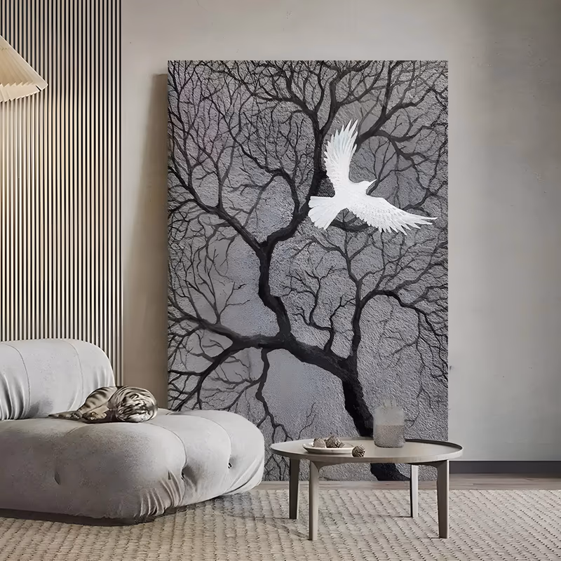 a large vertical textured painting of a white bird with spread wings flying through the black bare branches of a tree that climbs from the lower right, on a rough gray textured ground, in heavy textured paint