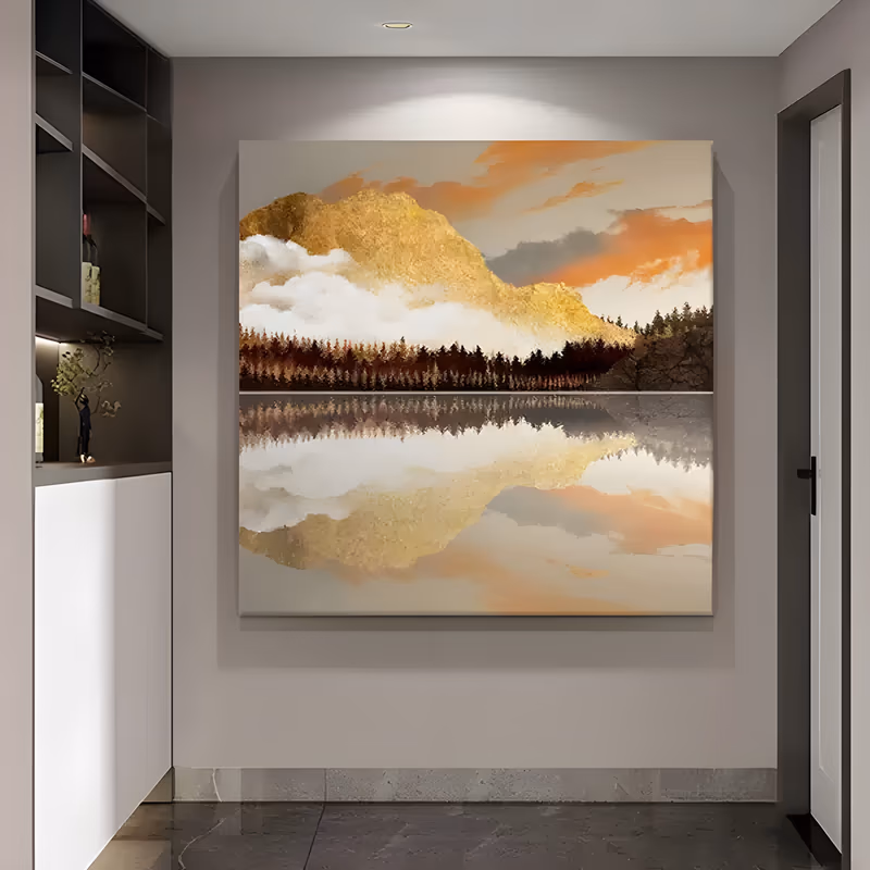 a large square landscape painting of a gold-leaf mountain rising above a dark pine treeline, mirrored upside down in a still lake below, under orange sunset clouds and white mist, in acrylic and gold foil