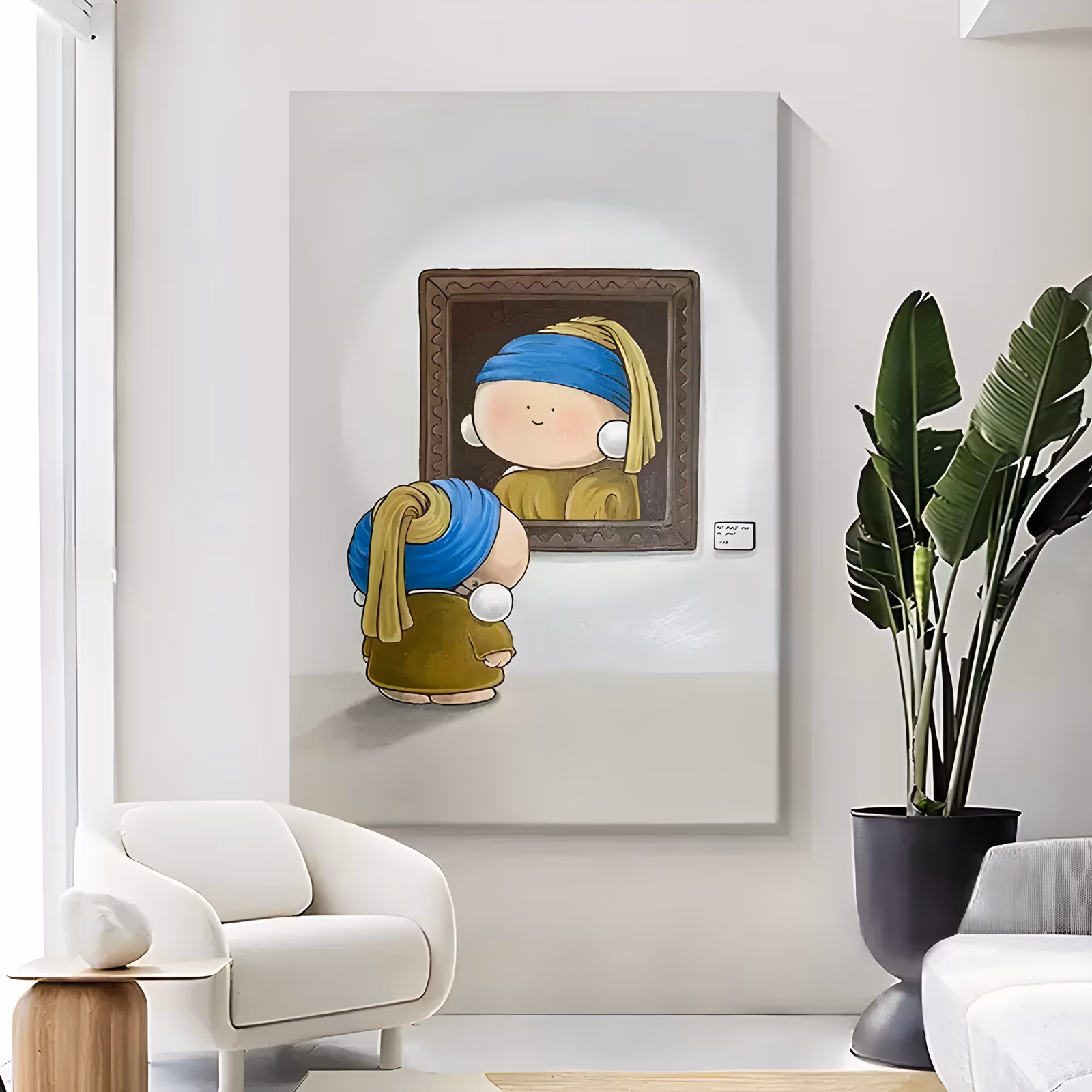a large vertical cartoon painting of a small round figure in a blue turban and olive dress standing in a bare gray gallery, seen from behind as it looks up at its own framed portrait on the wall