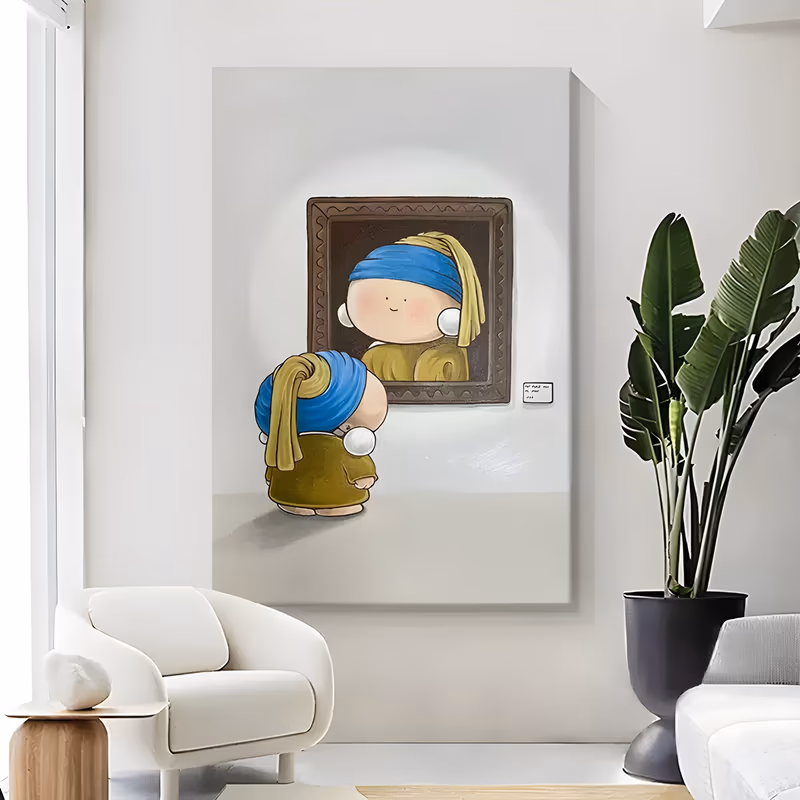 a large vertical cartoon painting of a small round figure in a blue turban and olive dress standing in a bare gray gallery, seen from behind as it looks up at its own framed portrait on the wall