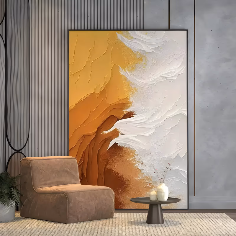 a large vertical relief painting where burnt orange and amber paint on the left meets a bank of thick white sculpted plaster waves on the right along a soft diagonal, in deep raised texture