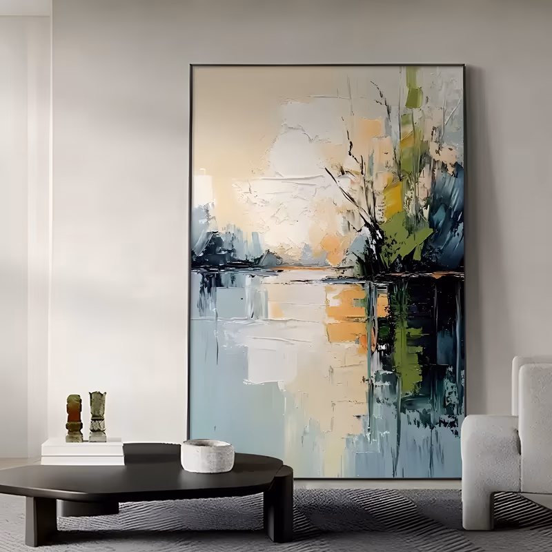 a large vertical palette-knife painting of a cream and pale blue lake, with dark teal and green trees at the right edge and their black and orange reflections below the waterline, in thick scraped paint