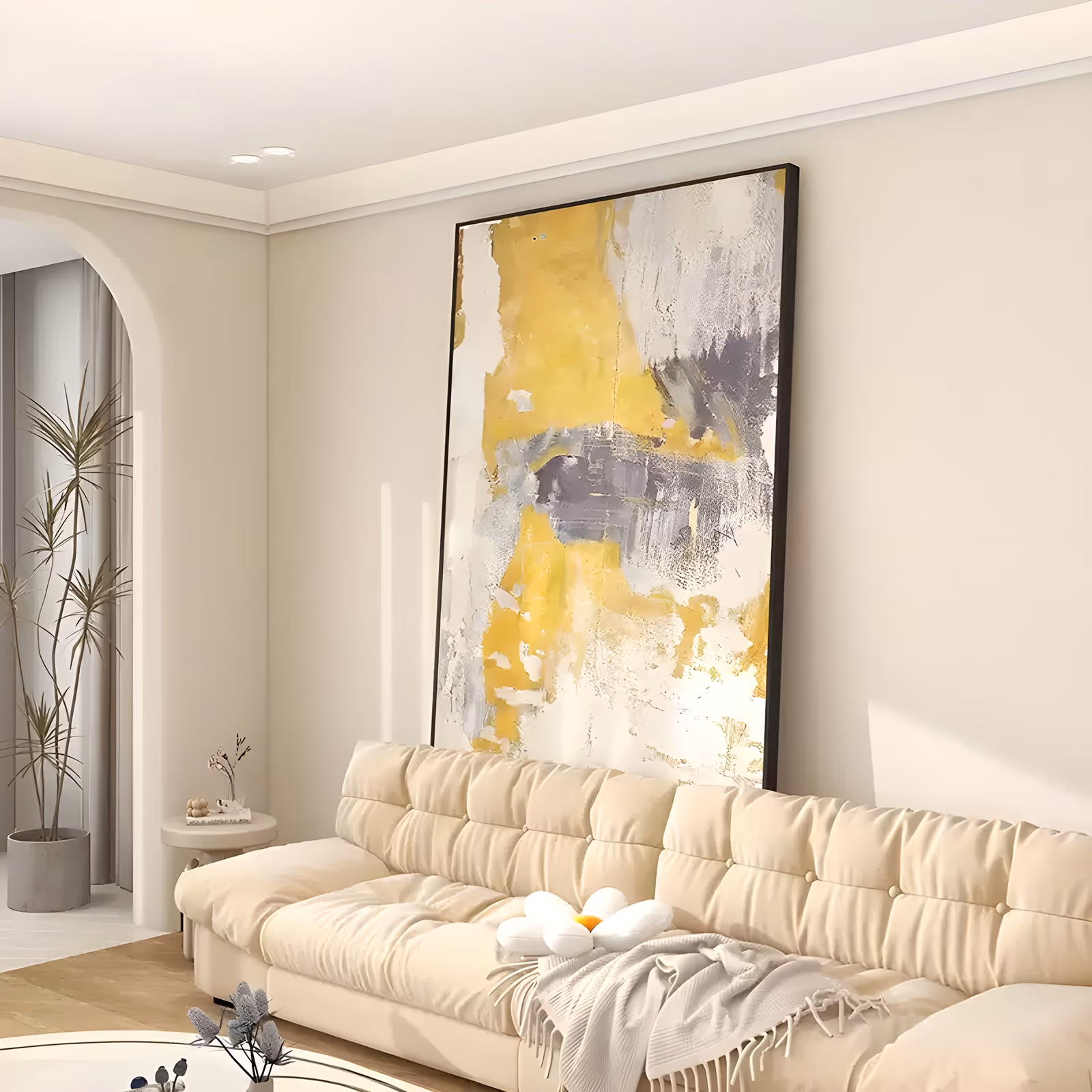 a large vertical abstract painting of mustard yellow and soft gray patches layered over a white plaster ground, with torn edges and scraped white marks over the yellow, in thick knife-worked paint