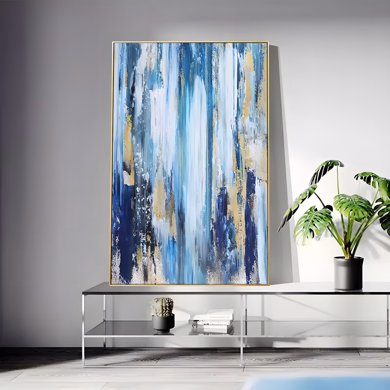 a large vertical abstract canvas of long streaks in navy, sky blue, teal and white falling the full height of the frame, with warm gold and cream flecks, in dragged palette-knife acrylic