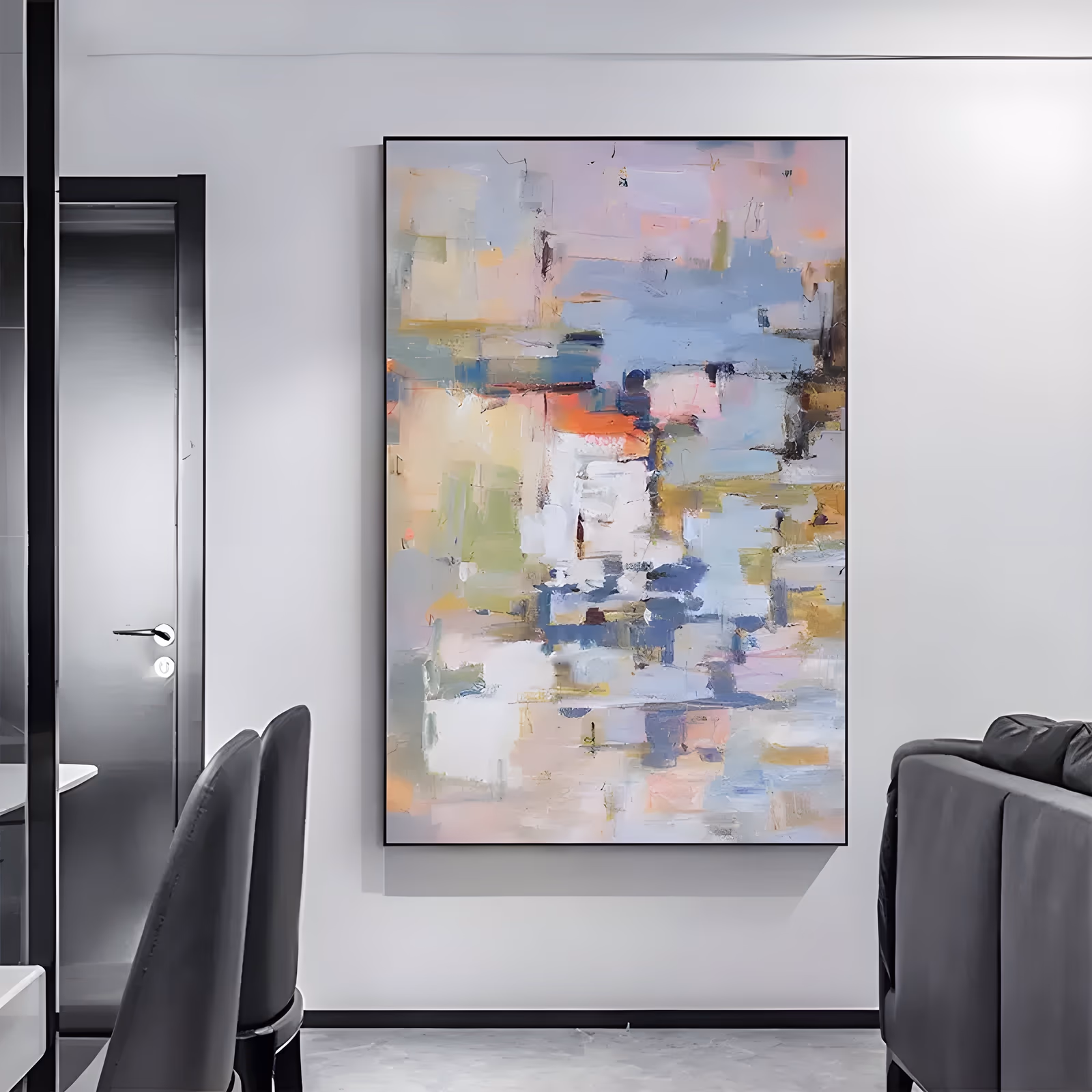 a large vertical abstract painting of overlapping pastel patches in pale blue, pink, cream, sage and mustard, laid in short square strokes that build a soft patchwork over the canvas, in palette-knife acrylic