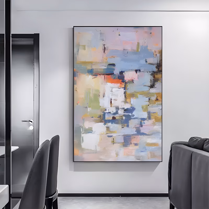 a large vertical abstract painting of overlapping pastel patches in pale blue, pink, cream, sage and mustard, laid in short square strokes that build a soft patchwork over the canvas, in palette-knife acrylic