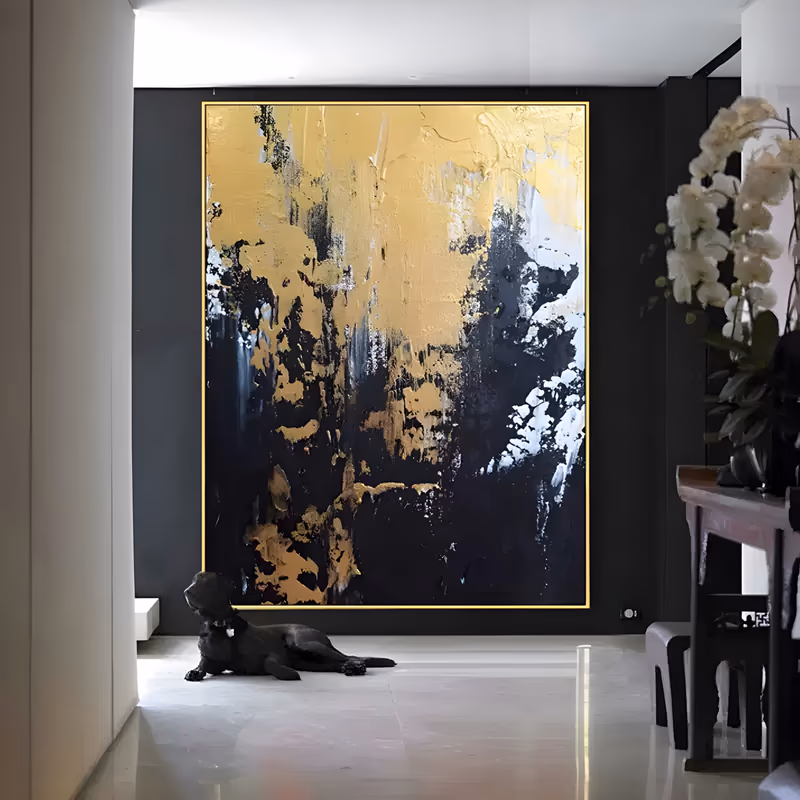 a large vertical abstract painting with a broad gold field pouring down the upper canvas and breaking into deep navy black below, flecked with white and pale blue, in thick palette-knife impasto