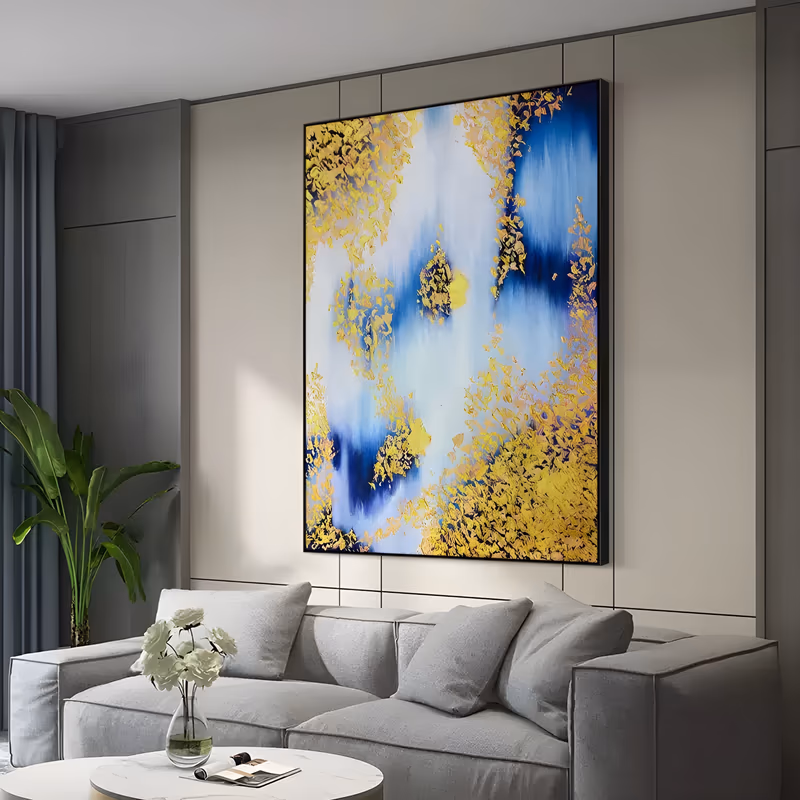 a large vertical abstract painting of a blue and white washed sky, thick clusters of gold leaf gathering at the top corners and the lower edge like turning foliage, in acrylic with metal leaf
