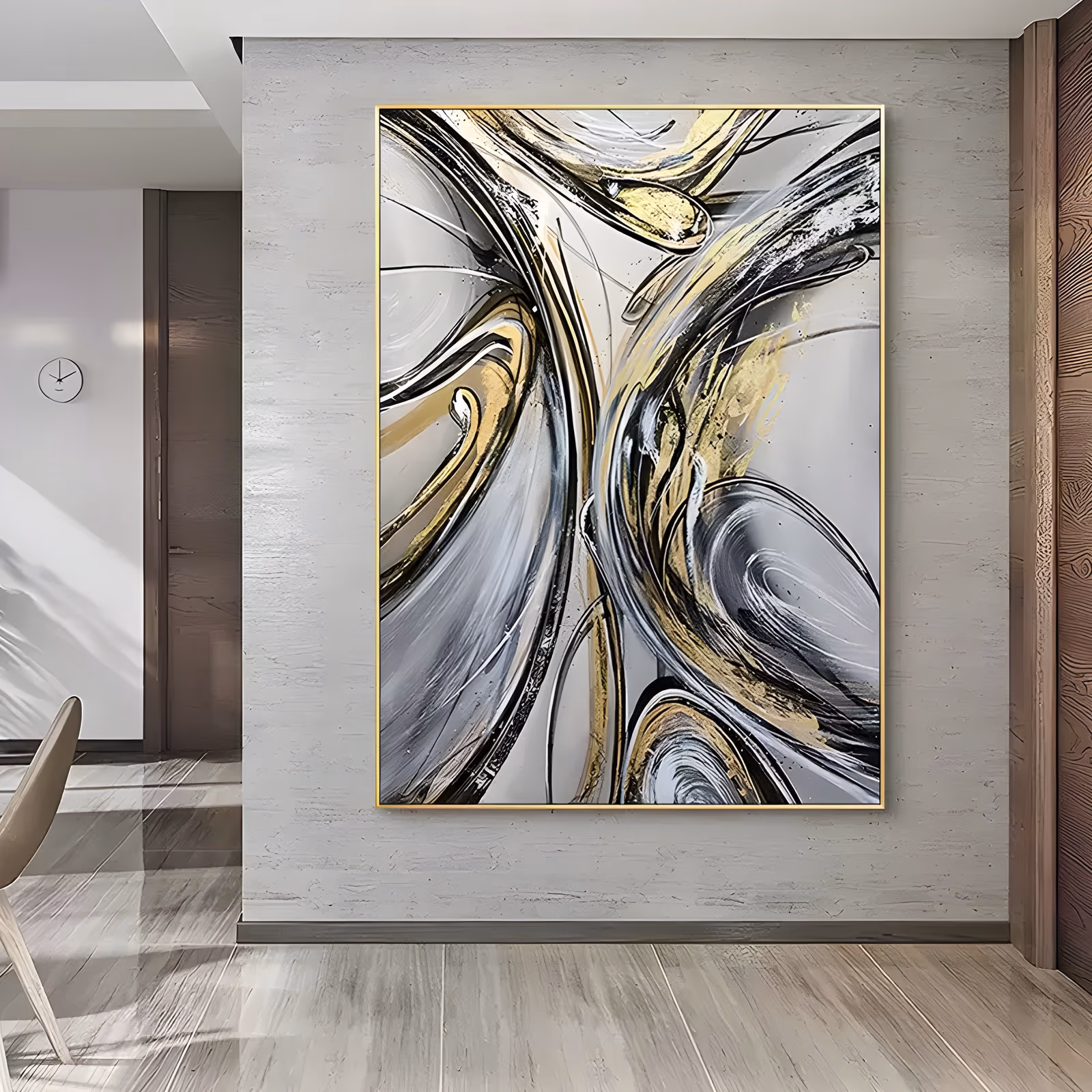 a large vertical abstract painting of gold, black and white swirling ribbon lines curving through a silver-gray ground, with looping s-curves in the center, in glossy brushed acrylic