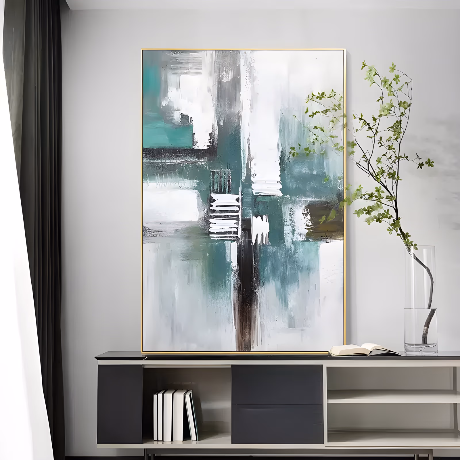 a large vertical abstract painting of teal, white, gray and black knife strokes crossing at the center in a rough vertical and horizontal grid, worked in thick palette-knife oil