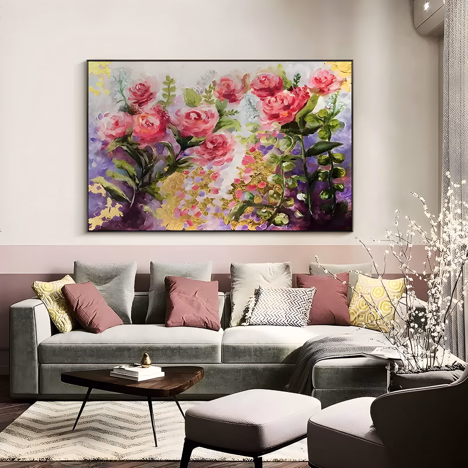 a wide horizontal impressionist painting of hot pink garden roses on arching green stems along the top of the frame, above a violet, lilac and gold-leaf ground, painted in soft blended acrylic