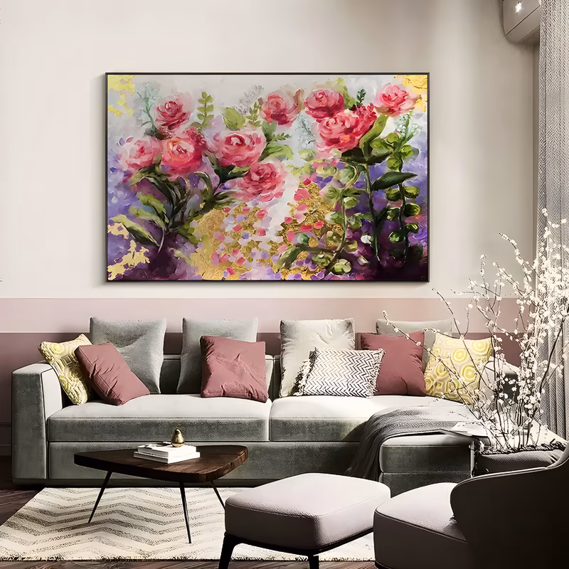 a wide horizontal impressionist painting of hot pink garden roses on arching green stems along the top of the frame, above a violet, lilac and gold-leaf ground, painted in soft blended acrylic