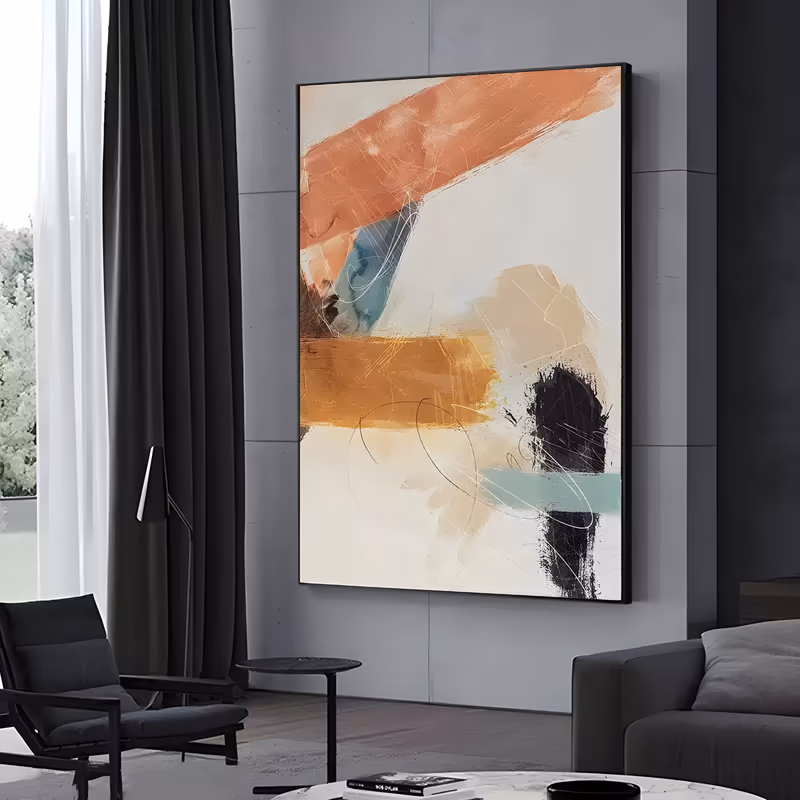 a large vertical abstract painting of a salmon diagonal band at the top, a mustard rectangle mid-frame, a black patch and small teal bars on cream, with penciled scribbles, in flat oil