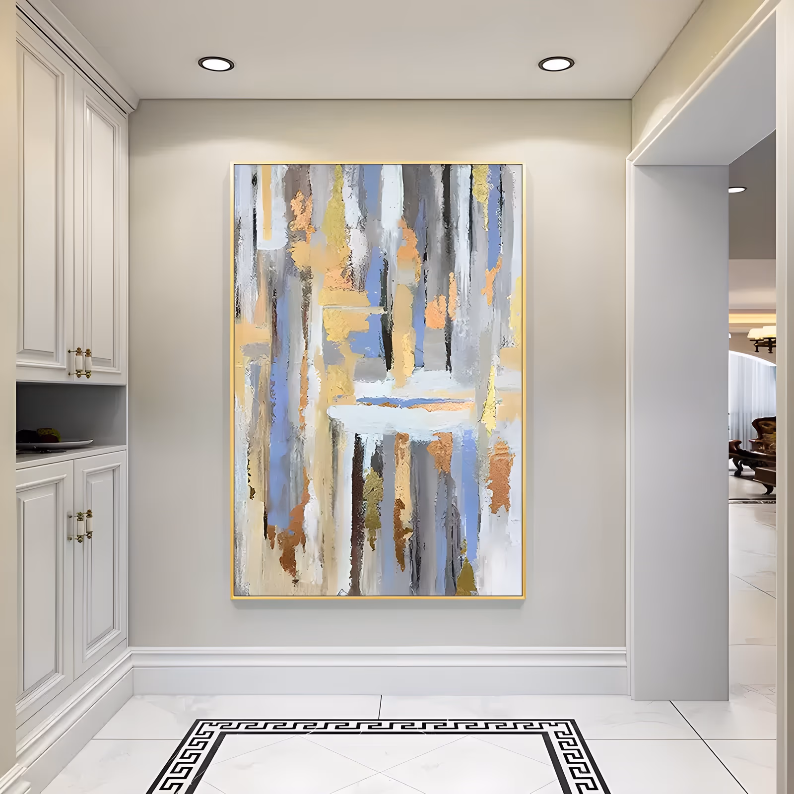 a large vertical abstract painting of thick upright streaks in periwinkle blue, warm gold, orange, white and gray, dragged from top to bottom with a pale horizontal break at the center, in impasto