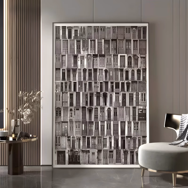 a large vertical realist painting of a grid collage of dozens of old paneled doors in sepia, gray and cream, stacked in rows of different heights across the whole canvas, in flat hand-painted acrylic
