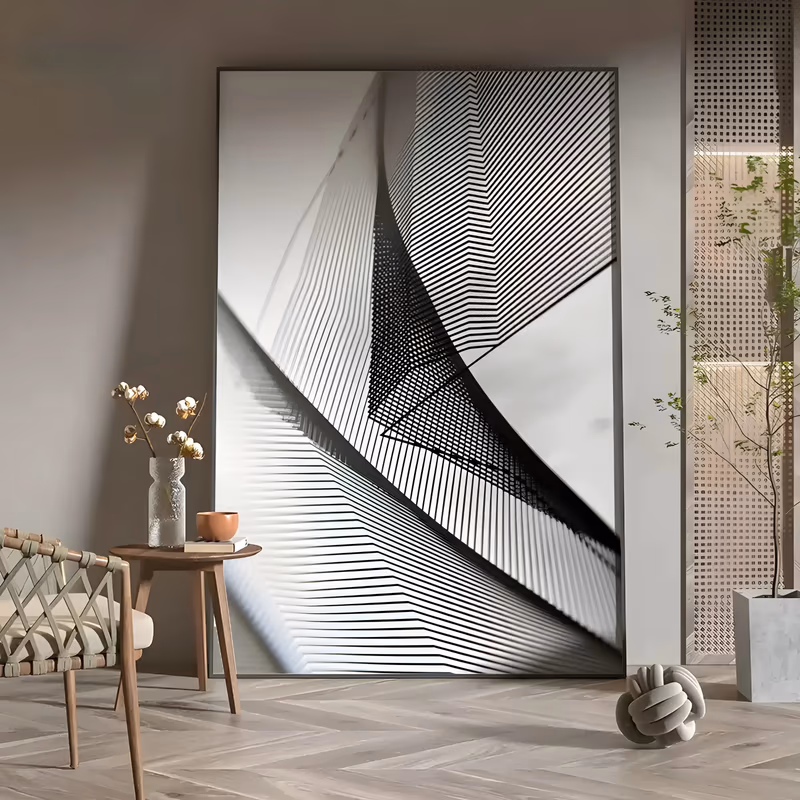 a large vertical abstract painting of fine black lines curving in dense parallel bands, forming sweeping architectural arcs and a moire effect over white and pale gray, in hand-drawn ink and acrylic