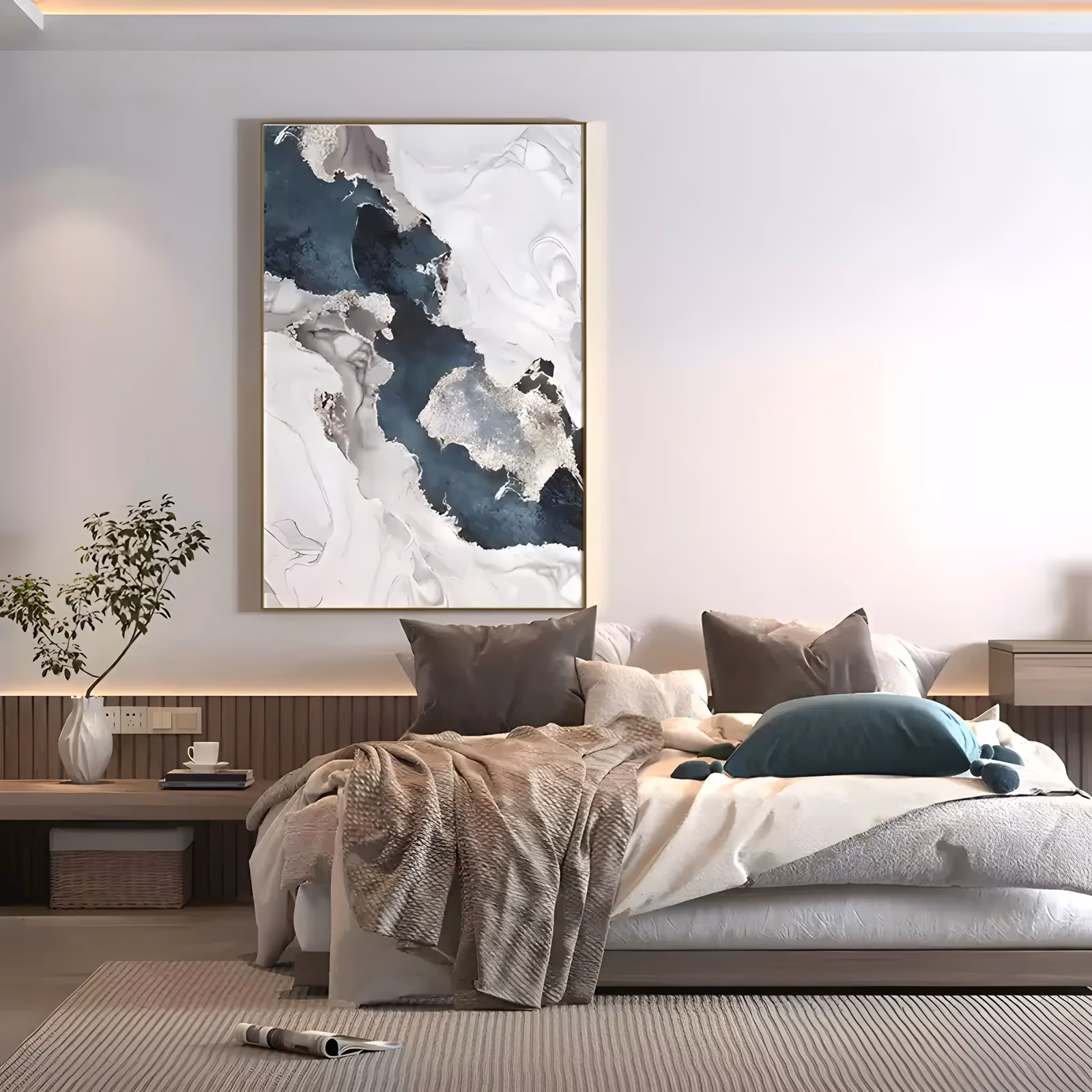 a large vertical abstract painting of a deep navy marbled vein flowing down the center through white and pale gray swirls, with sandy silver flecks, in smooth thin acrylic with a soft sheen