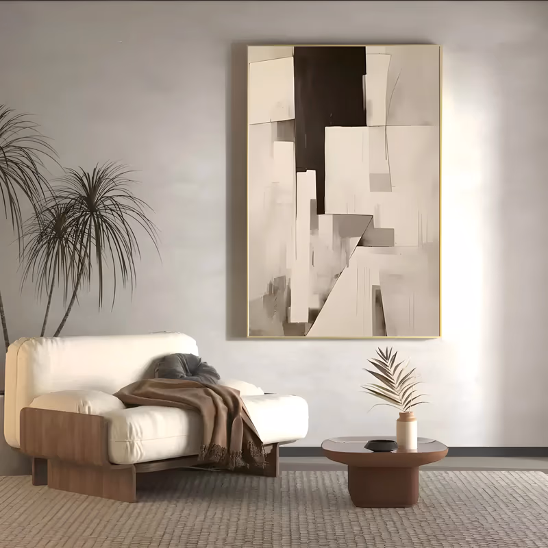 a large vertical abstract painting of overlapping cream, ivory and greige rectangles under a dark brown column at the top, with a pale wedge cutting through the lower half, in scraped plaster-like paint