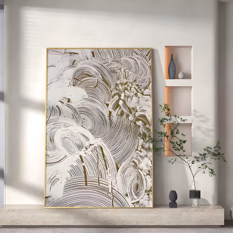 a large vertical relief painting of thick cream plaster swirls combed into fine parallel grooves, looping in overlapping circles all over the panel with olive-gold showing through the gaps