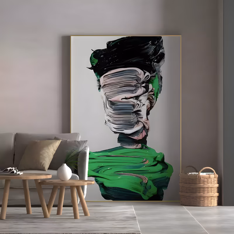 a large vertical abstract portrait of a figure built from thick smeared paint, black swept-up hair, a pale pink and gray face pulled into ribbons and bright green shoulders, on a light gray ground in heavy relief