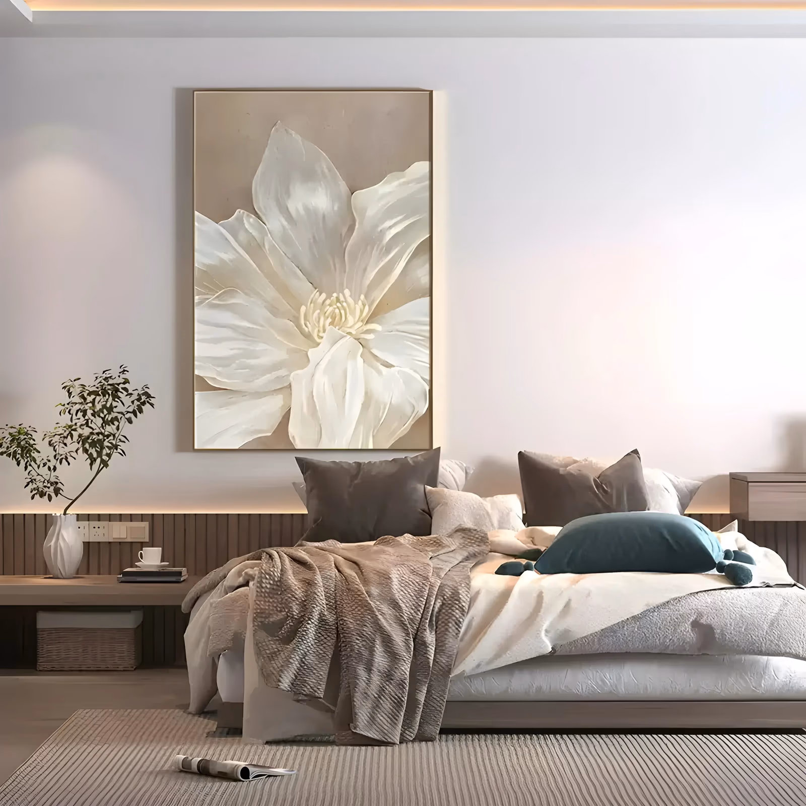 a large vertical textured floral painting of one oversized white magnolia bloom filling the frame, thick cupped petals opening around a pale cream center, on a warm beige ground in deep hand-modeled relief