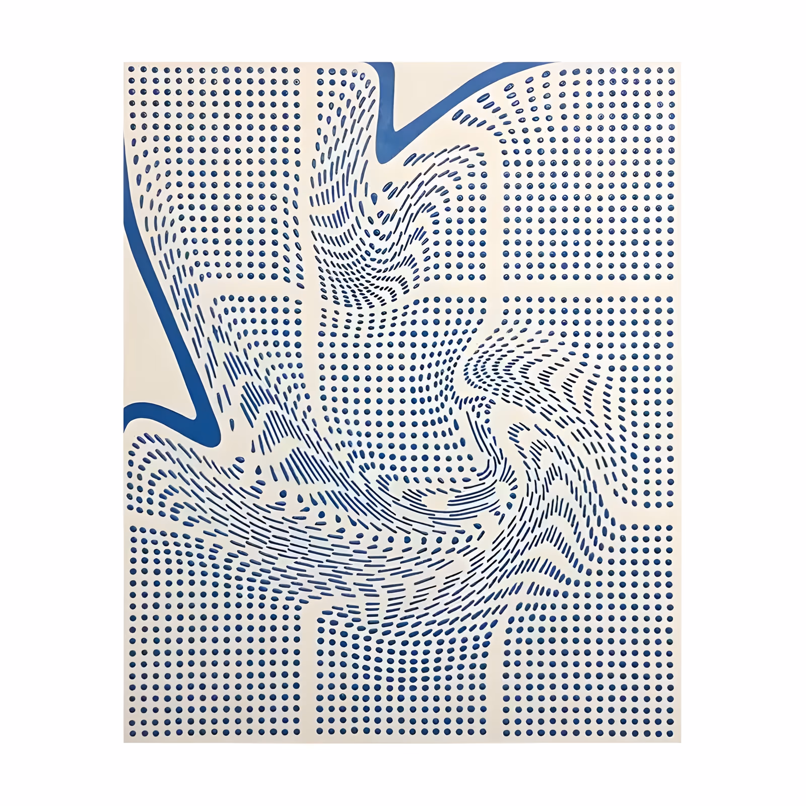 a large vertical op art painting of a cream ground covered in a grid of small blue dots, the rows bending and stretching around a central swirl with two solid blue ribbon curves, in flat acrylic