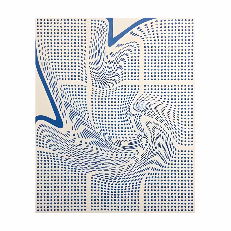 a large vertical op art painting of a cream ground covered in a grid of small blue dots, the rows bending and stretching around a central swirl with two solid blue ribbon curves, in flat acrylic