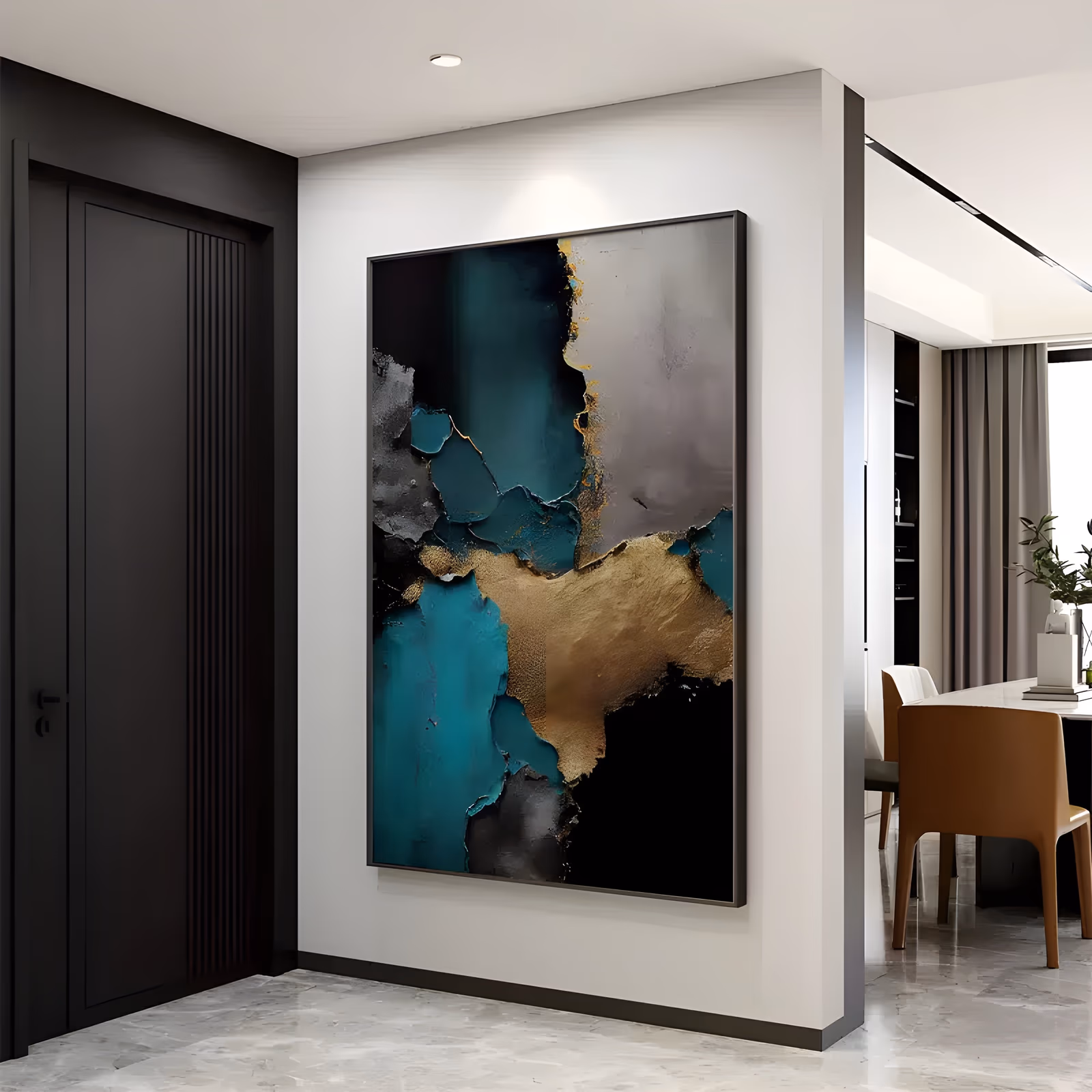 a large vertical abstract painting of torn teal and charcoal fields opening onto a broad gold leaf form near the center, with deep black shadow at the base, built in thick textured paint