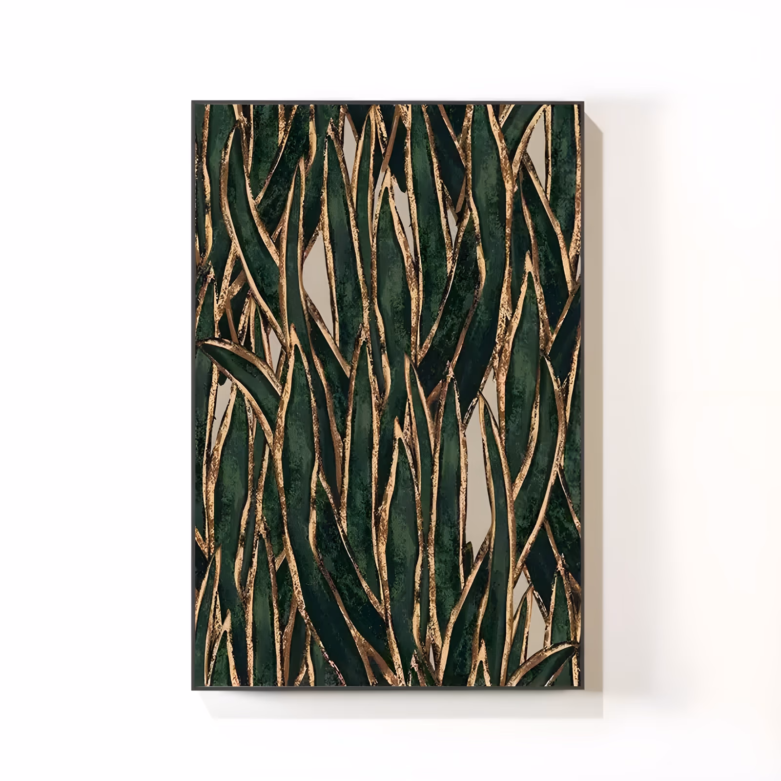 a large vertical painting of dense upright snake plant leaves in deep forest green with burnished gold edges, overlapping from top to bottom against a pale stone background, in flat hand-painted acrylic