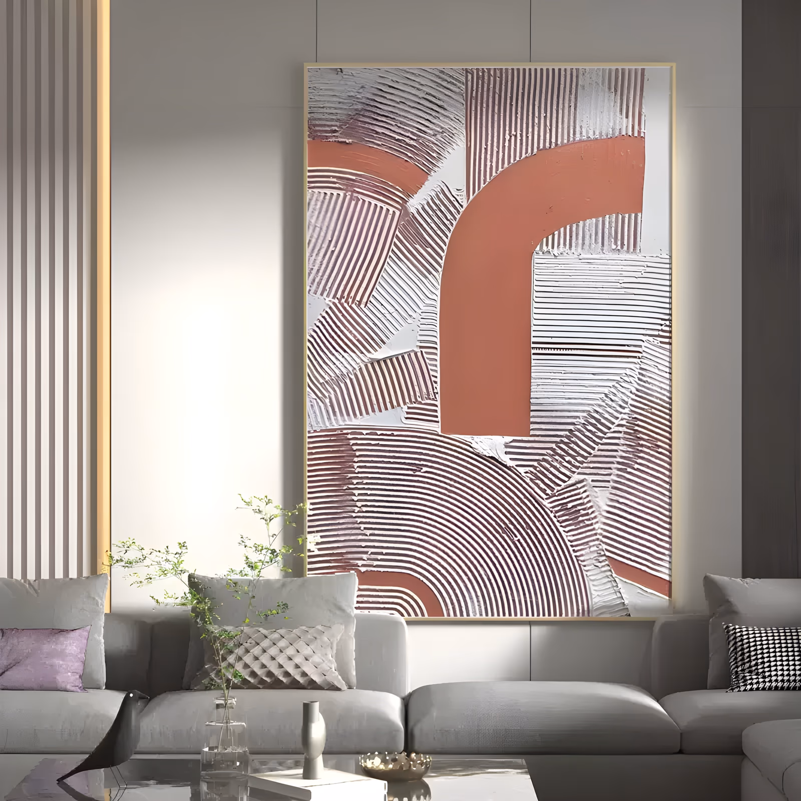 a tall vertical plaster relief painting of interlocking arches, one solid terracotta arch at the center crossed by broad arcs of white and dusty pink combed into fine parallel ridges