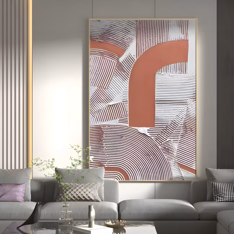 a tall vertical plaster relief painting of interlocking arches, one solid terracotta arch at the center crossed by broad arcs of white and dusty pink combed into fine parallel ridges