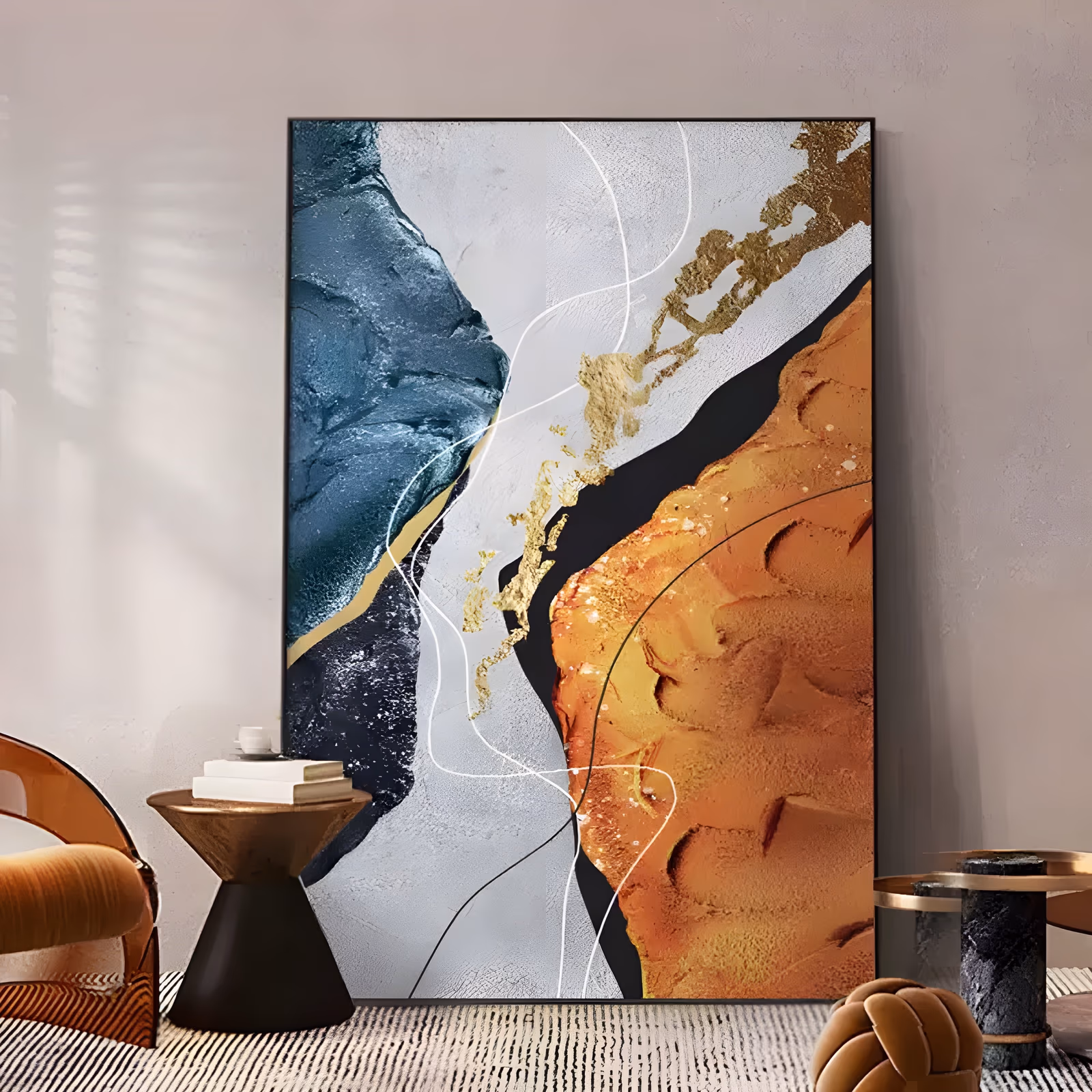 a large vertical abstract painting of a teal and burnt orange field divided by a jagged black fissure down the center, with gold leaf and fine white lines along the seam, in heavy relief paint