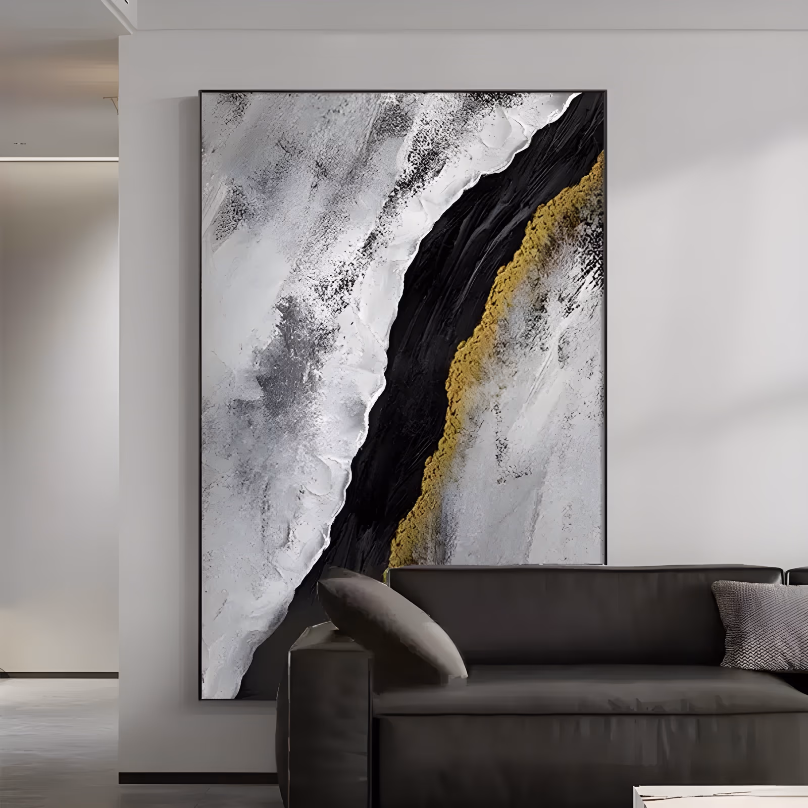a large vertical abstract painting of a black diagonal band splitting a white sculpted plaster field, edged on one side with a raised gold-flecked ridge, in heavy relief acrylic