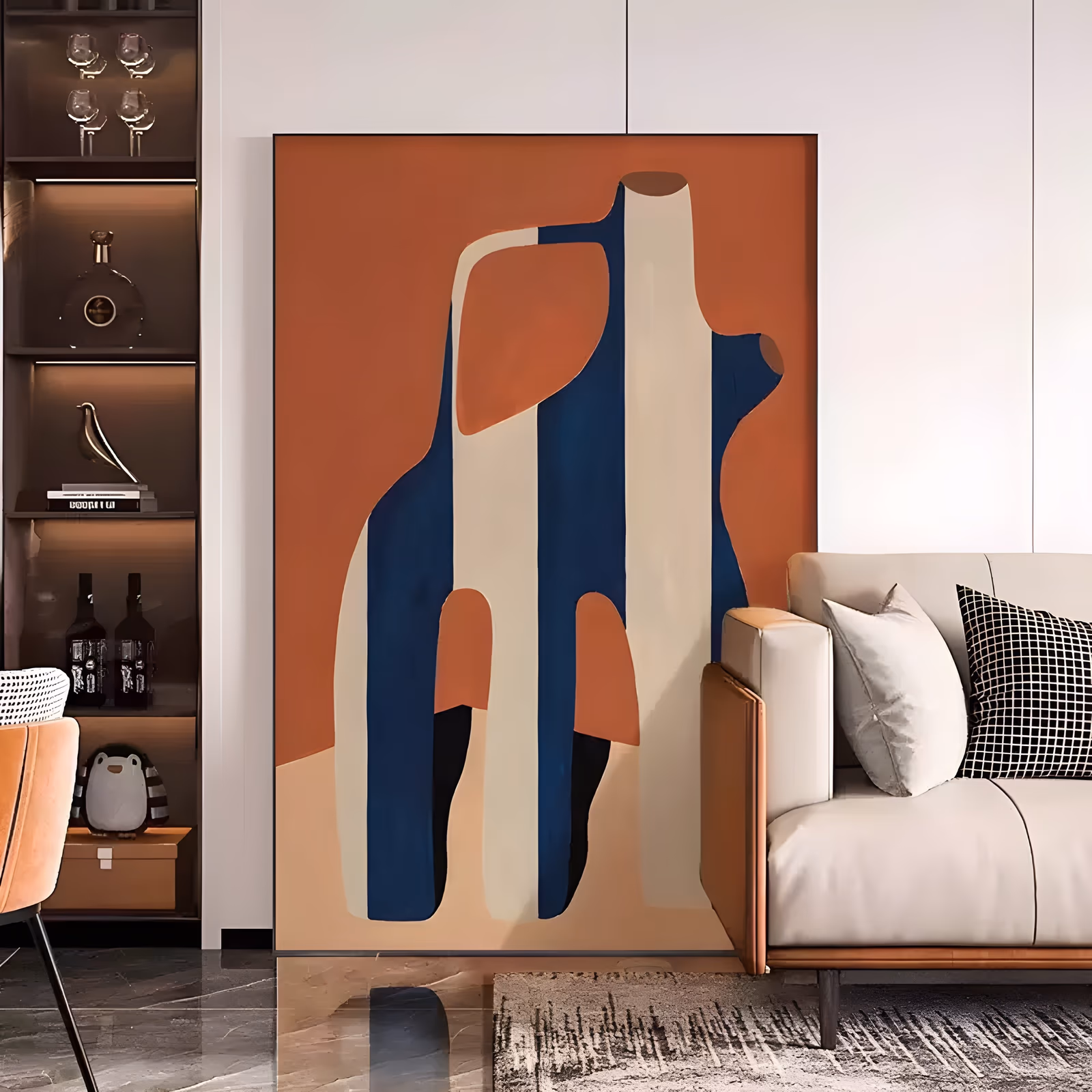 a large vertical minimalist painting of tall rounded column shapes striped in navy, cream and black standing on a peach band, set on a burnt terracotta ground, in smooth flat acrylic