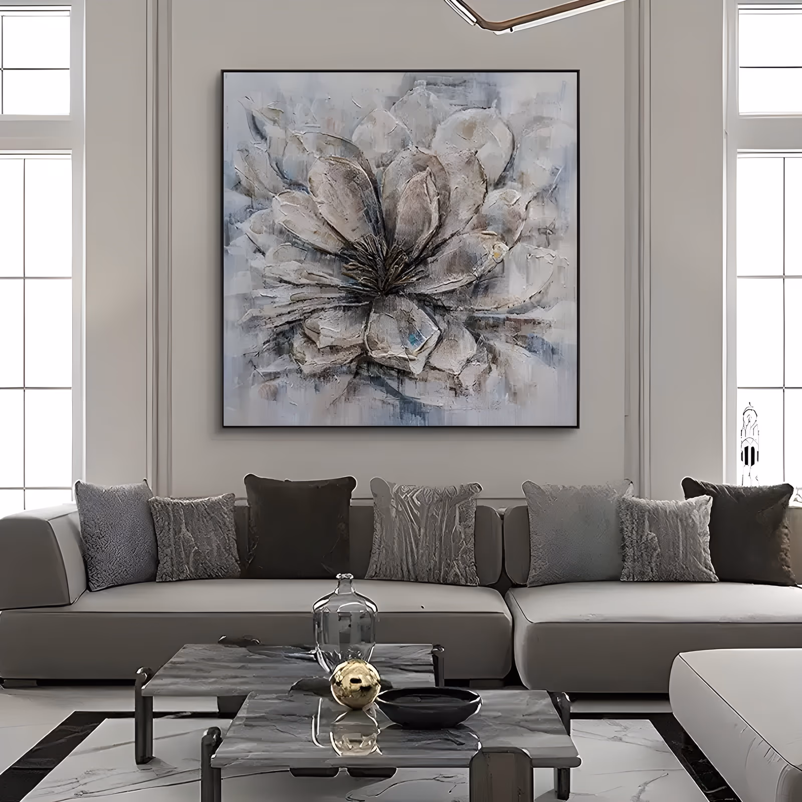 a large square textured painting of one wide magnolia bloom filling the frame, overlapping gray, white and taupe petals radiating from a dark inked center, built up in thick palette-knife oil