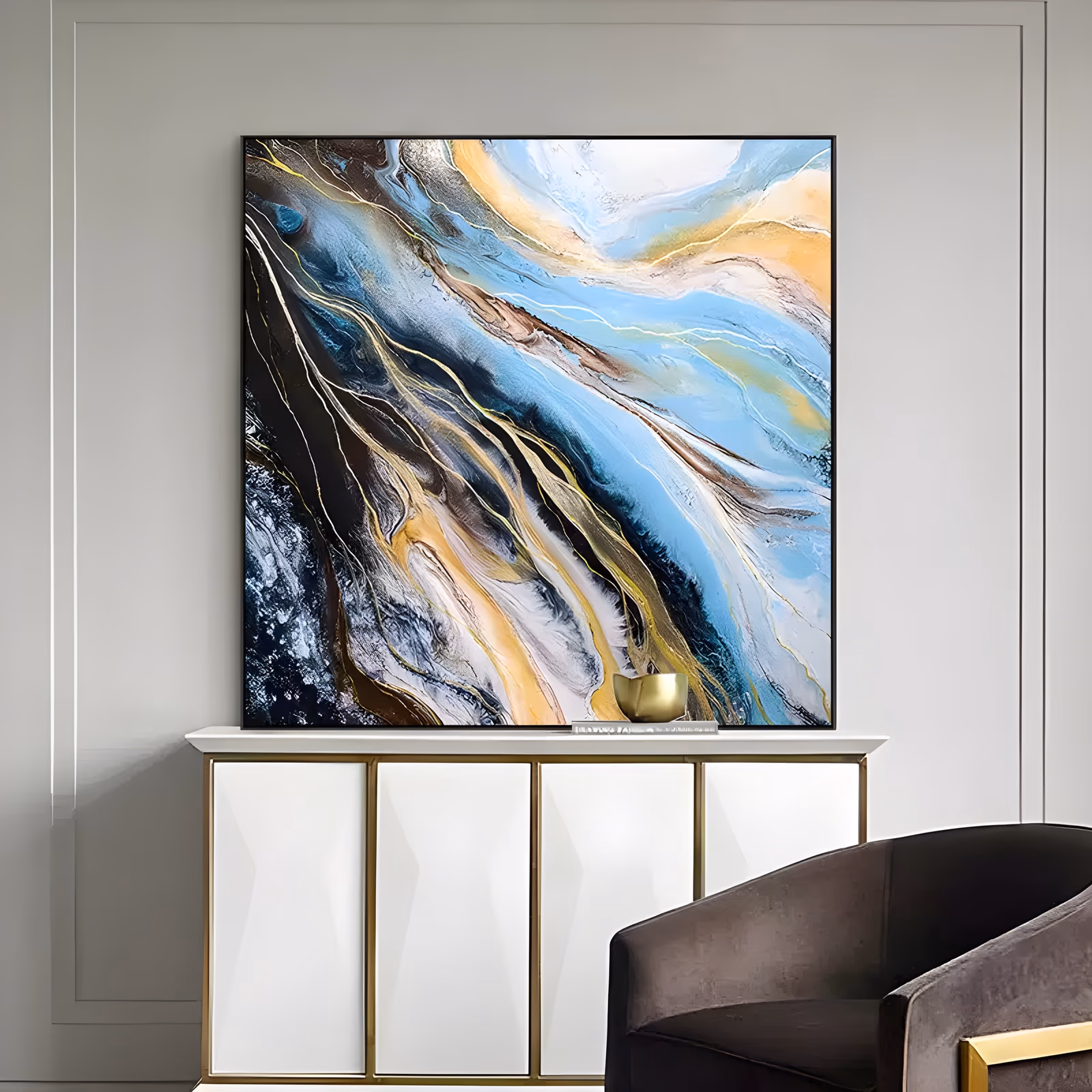a large square abstract painting of marbled currents flowing diagonally from the lower left, deep black and white swirling into sky blue, apricot and thin gold veins, in smooth poured acrylic