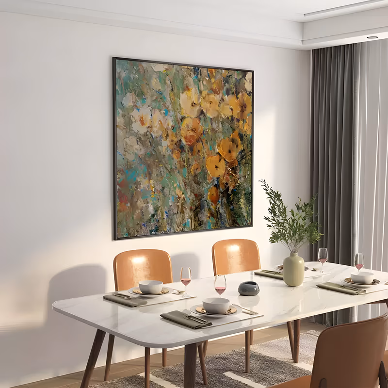 a large square impressionist painting of loose golden ochre and cream blooms rising through olive and teal foliage, with flecks of turquoise and rust over the whole surface, in scraped textured paint