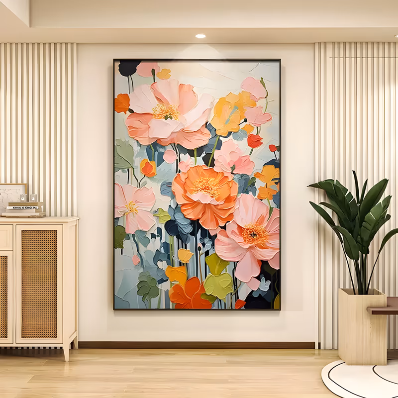 a large vertical floral painting of pink, peach and orange poppies with yellow centers opening at the center and upper left, above olive and blue-gray leaves on a soft cream ground, in thick knife-laid acrylic