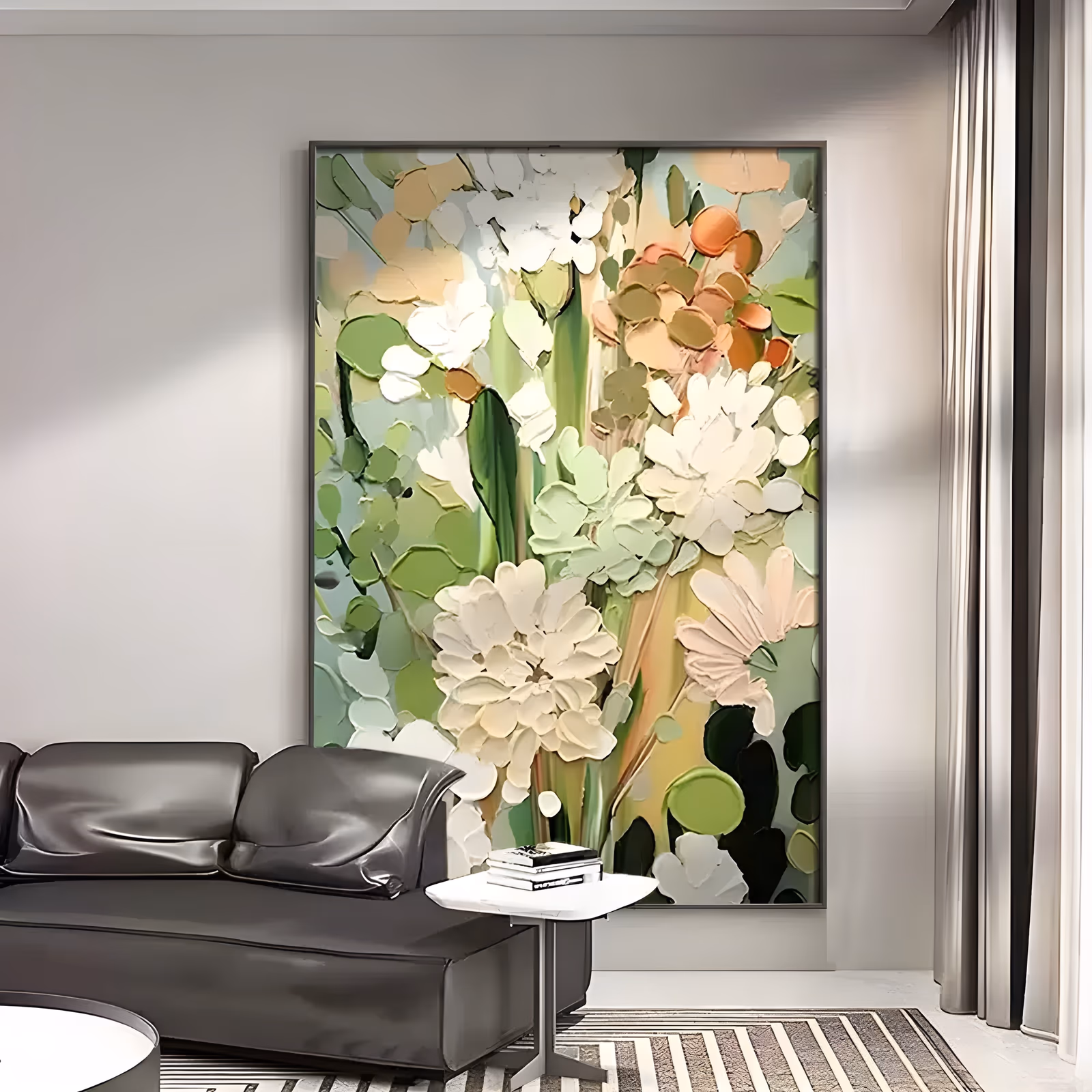 a large vertical impasto floral painting of white and cream knife-cut blooms stacked up the center among green stems and round peach and olive leaf discs, built in thick ridged palette-knife acrylic