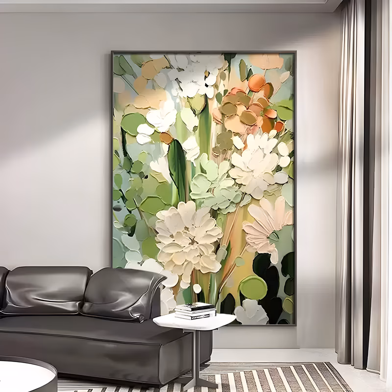 a large vertical impasto floral painting of white and cream knife-cut blooms stacked up the center among green stems and round peach and olive leaf discs, built in thick ridged palette-knife acrylic
