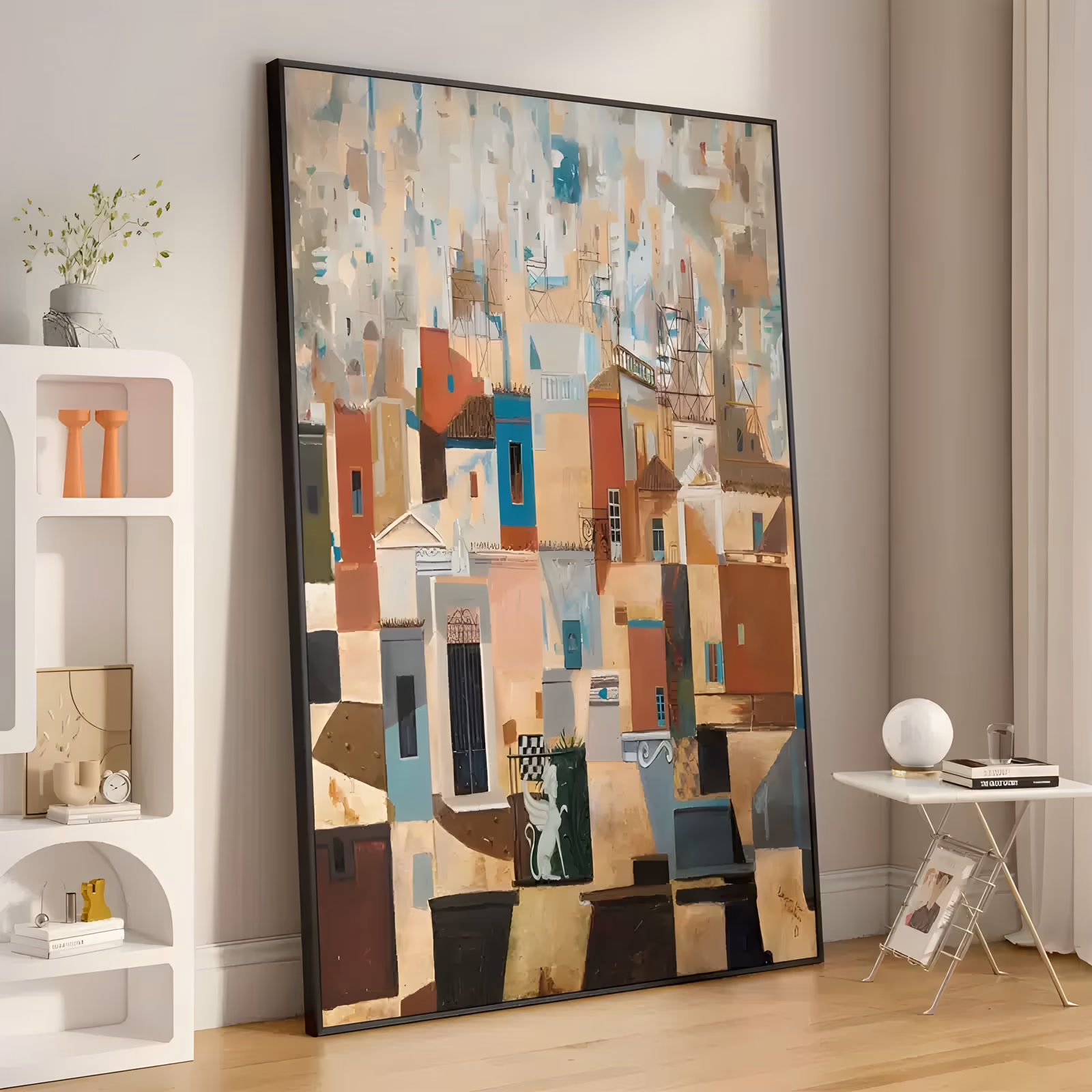 a large vertical painting of a hillside village of stacked houses in terracotta, teal, beige and brown, with a small pale cat by a doorway near the bottom and pale rooftops fading at the top, in textured oil