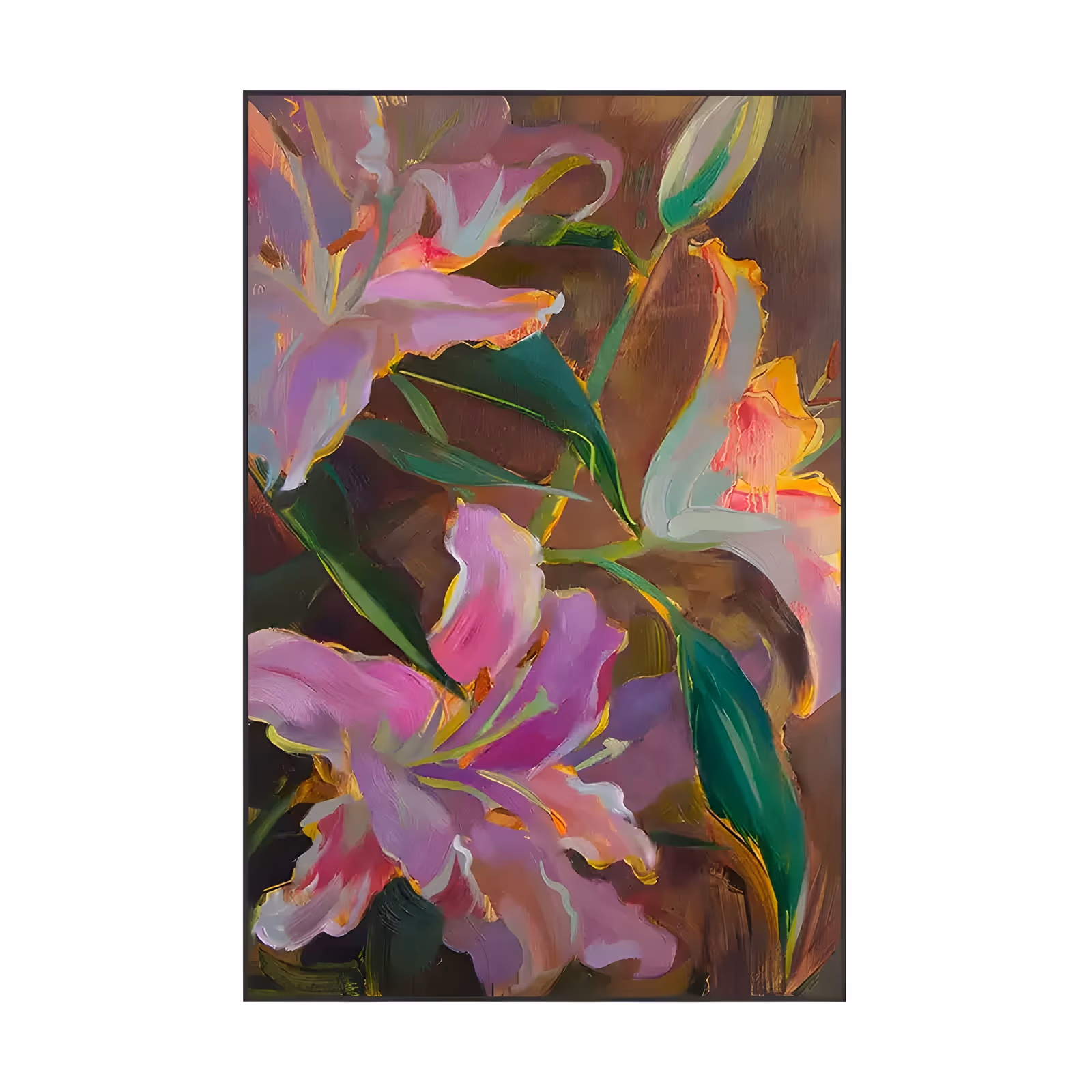 a large vertical painterly oil painting of three open magenta and pink lilies angled from the lower left to the upper right, with deep green leaves and a pale bud, on a warm brown and olive background