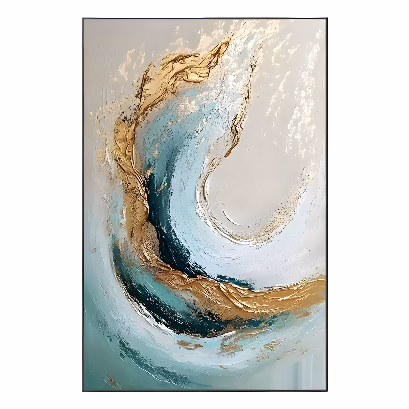a large vertical abstract painting of one sweeping wave curling from the lower left into the center, built from teal, mint and thick metallic gold ridges on a soft ivory ground, in heavy impasto