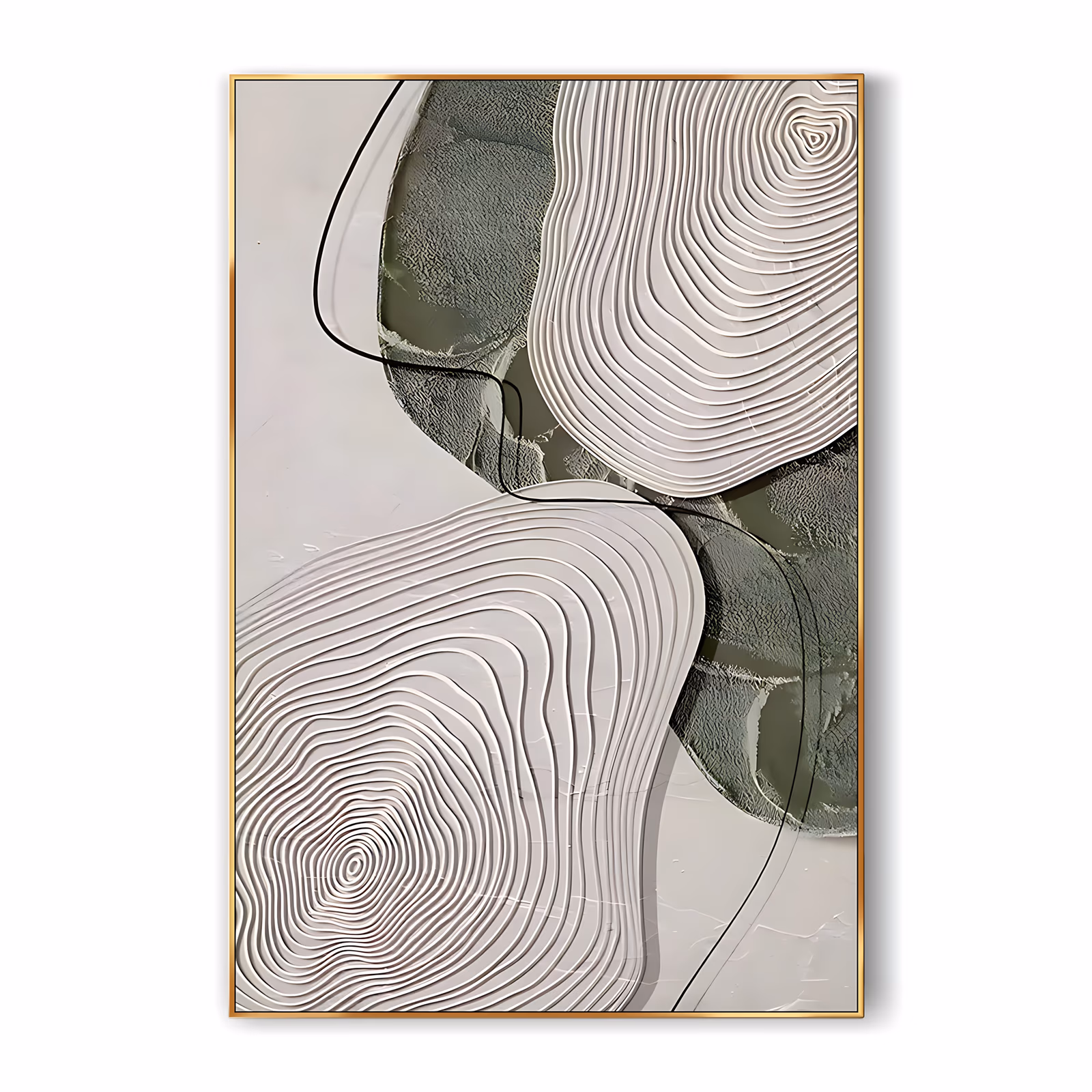 a tall framed relief painting of two large white shapes carved with concentric ridged rings, set over soft sage green textured patches on an off-white ground, with a thin black line tracing their edges