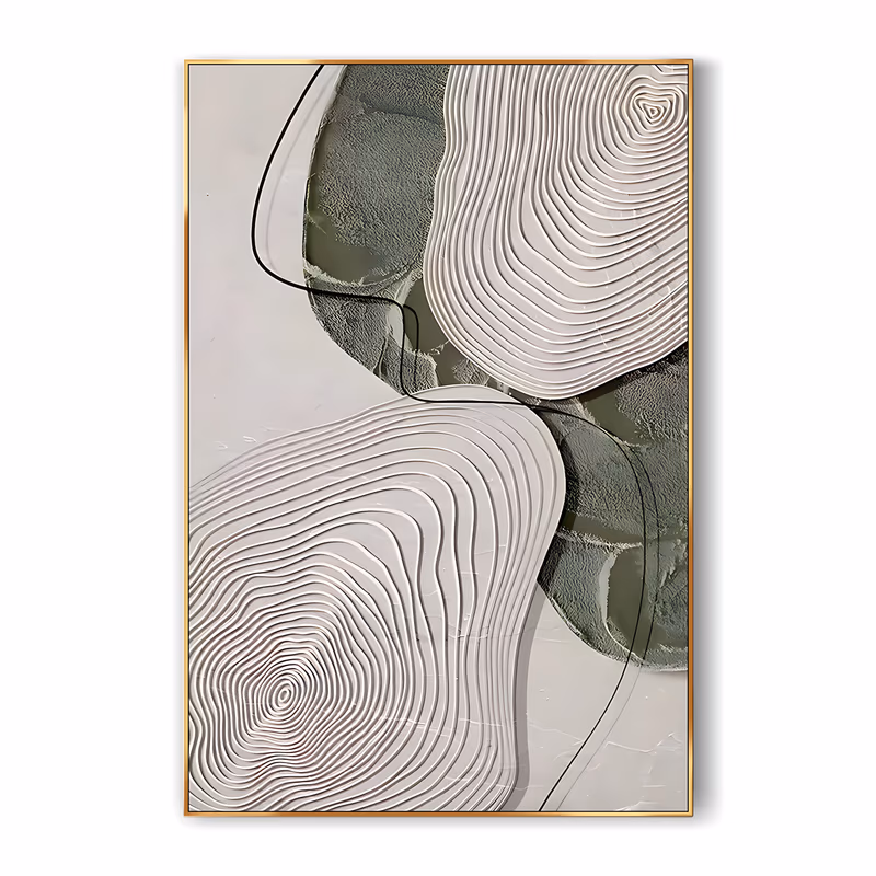 a tall framed relief painting of two large white shapes carved with concentric ridged rings, set over soft sage green textured patches on an off-white ground, with a thin black line tracing their edges