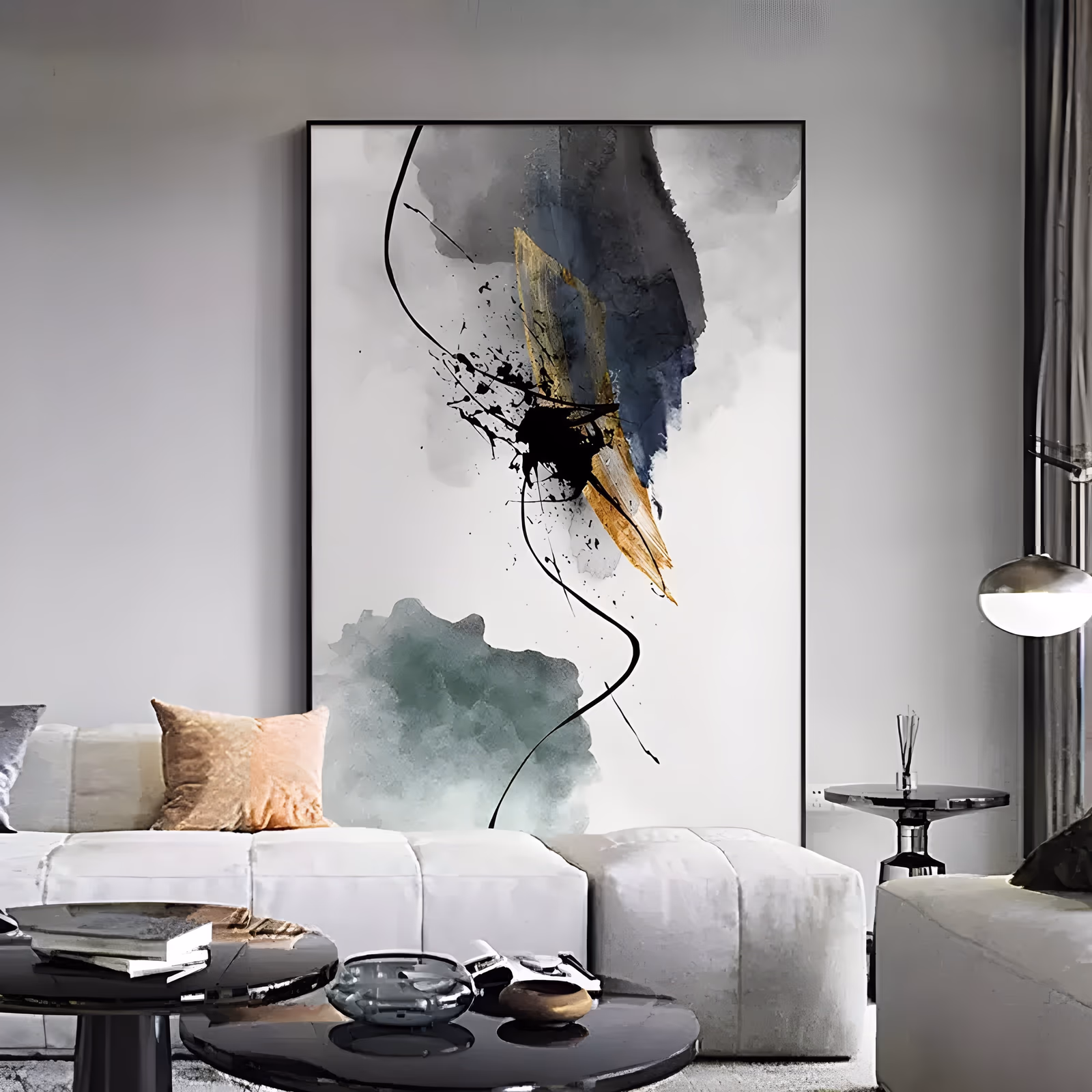 a large vertical abstract painting of a gray and navy ink cloud at the top with a gold stroke and black splatter under it, a soft teal wash at the lower left, and a thin black line curving between them, in fluid acrylic