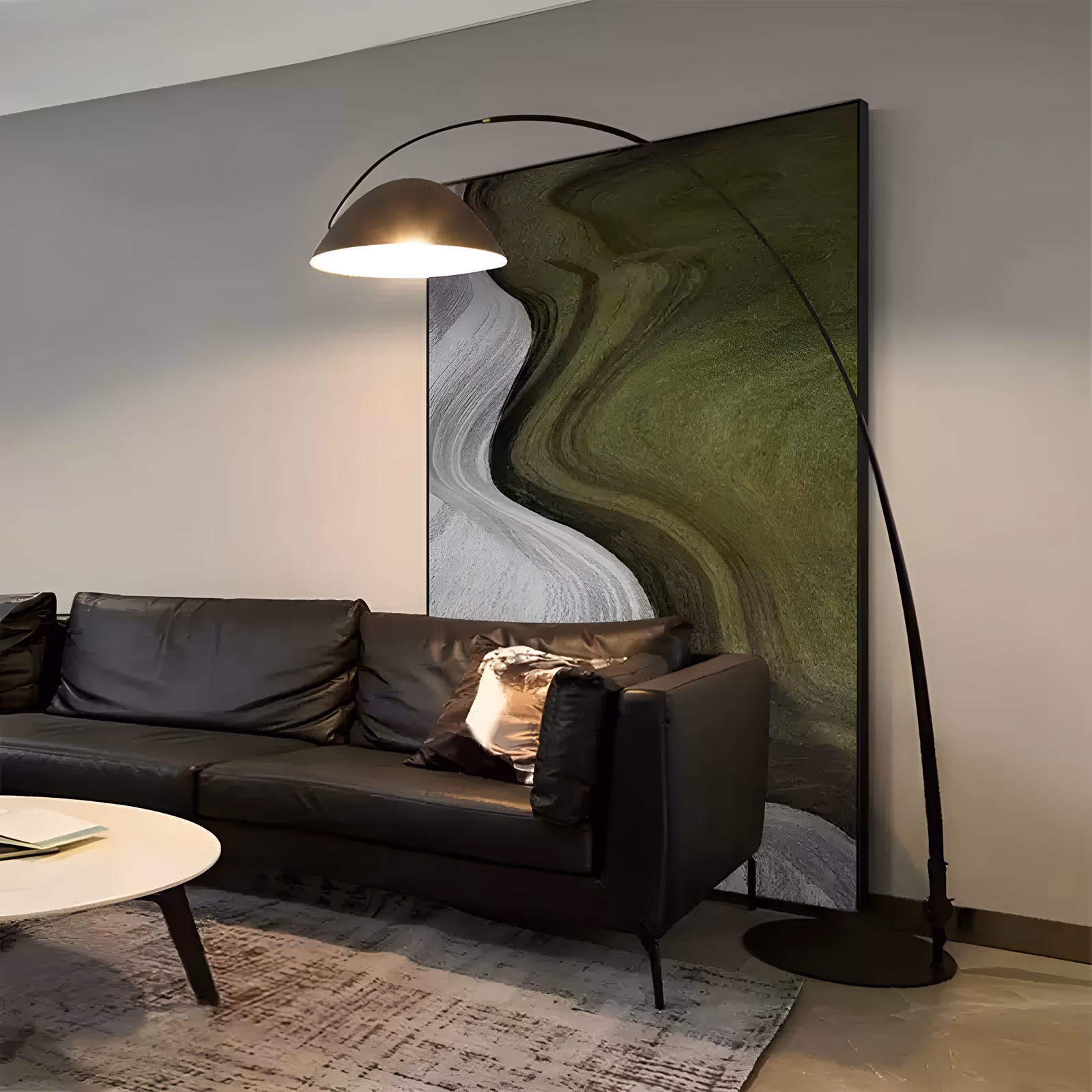 a large vertical abstract painting of an olive green field split by a wide wavy band of white and gray that curves down the left side like an aerial view of a river, in smooth blended acrylic