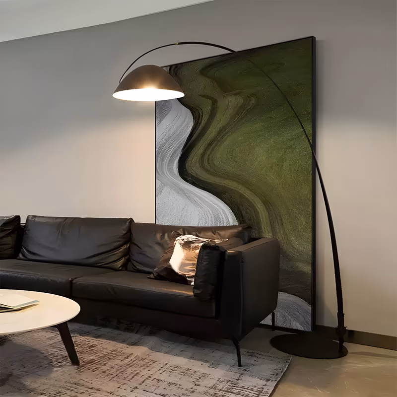 a large vertical abstract painting of an olive green field split by a wide wavy band of white and gray that curves down the left side like an aerial view of a river, in smooth blended acrylic
