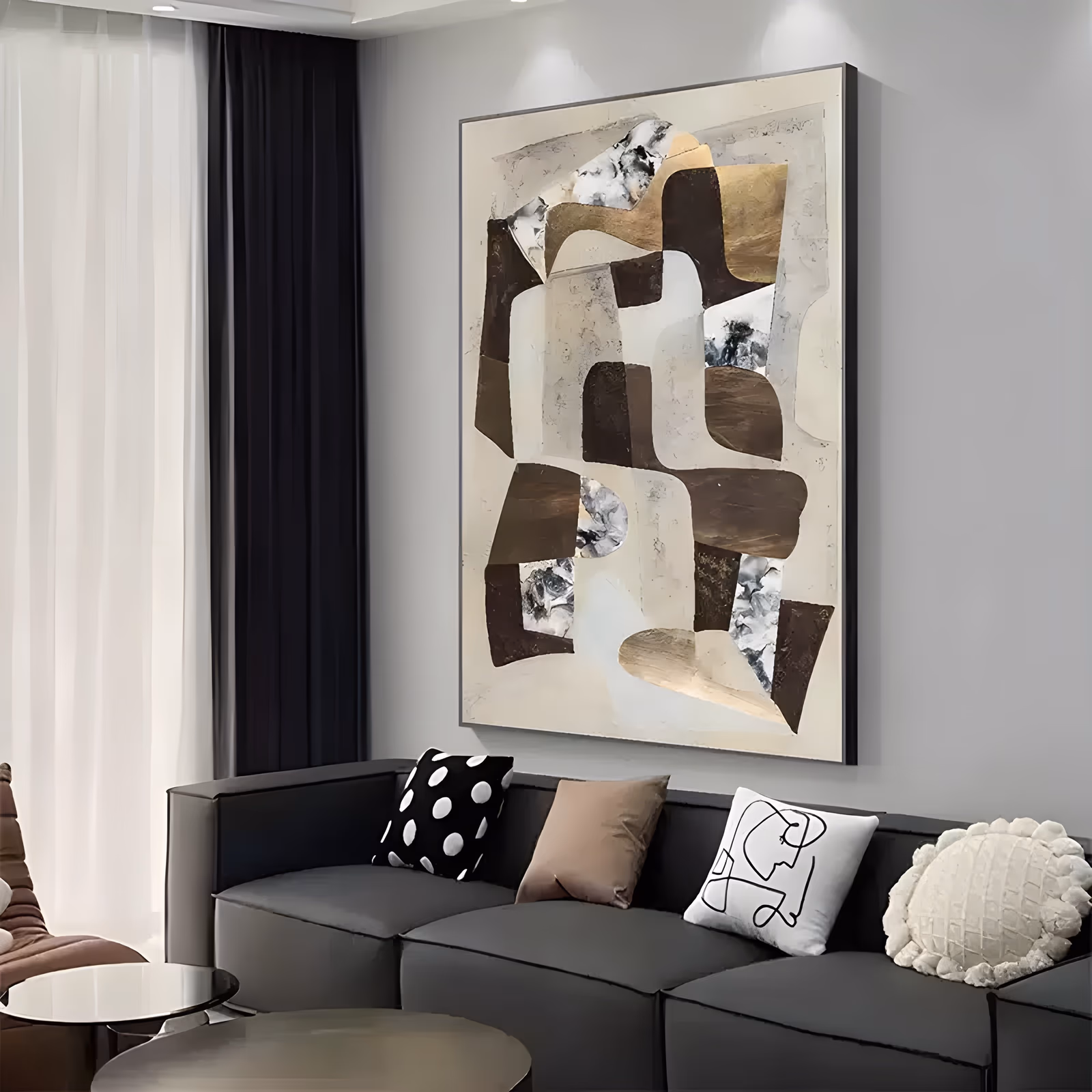 a large vertical abstract painting of interlocking cut shapes in chocolate brown, sand beige, gold and black-veined marble, arranged like torn paper on a cream ground, in matte hand-painted acrylic